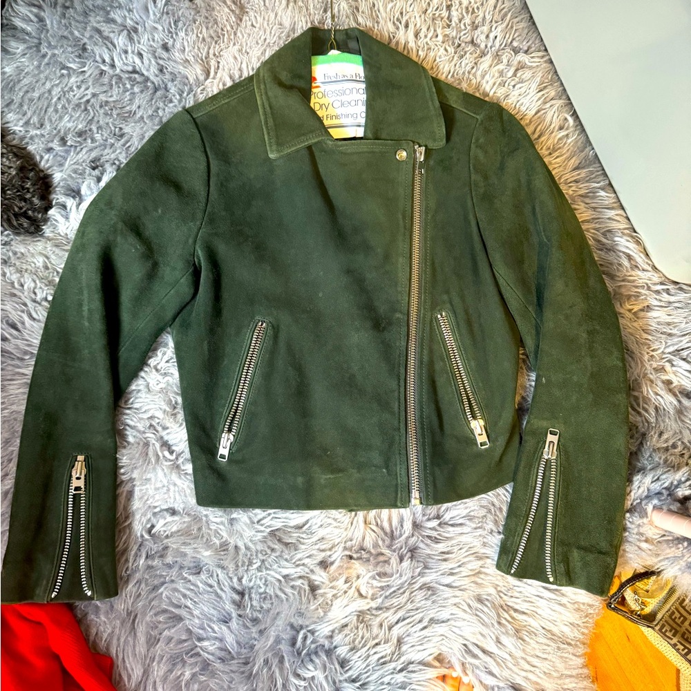 Topshop real leather green moto jacket